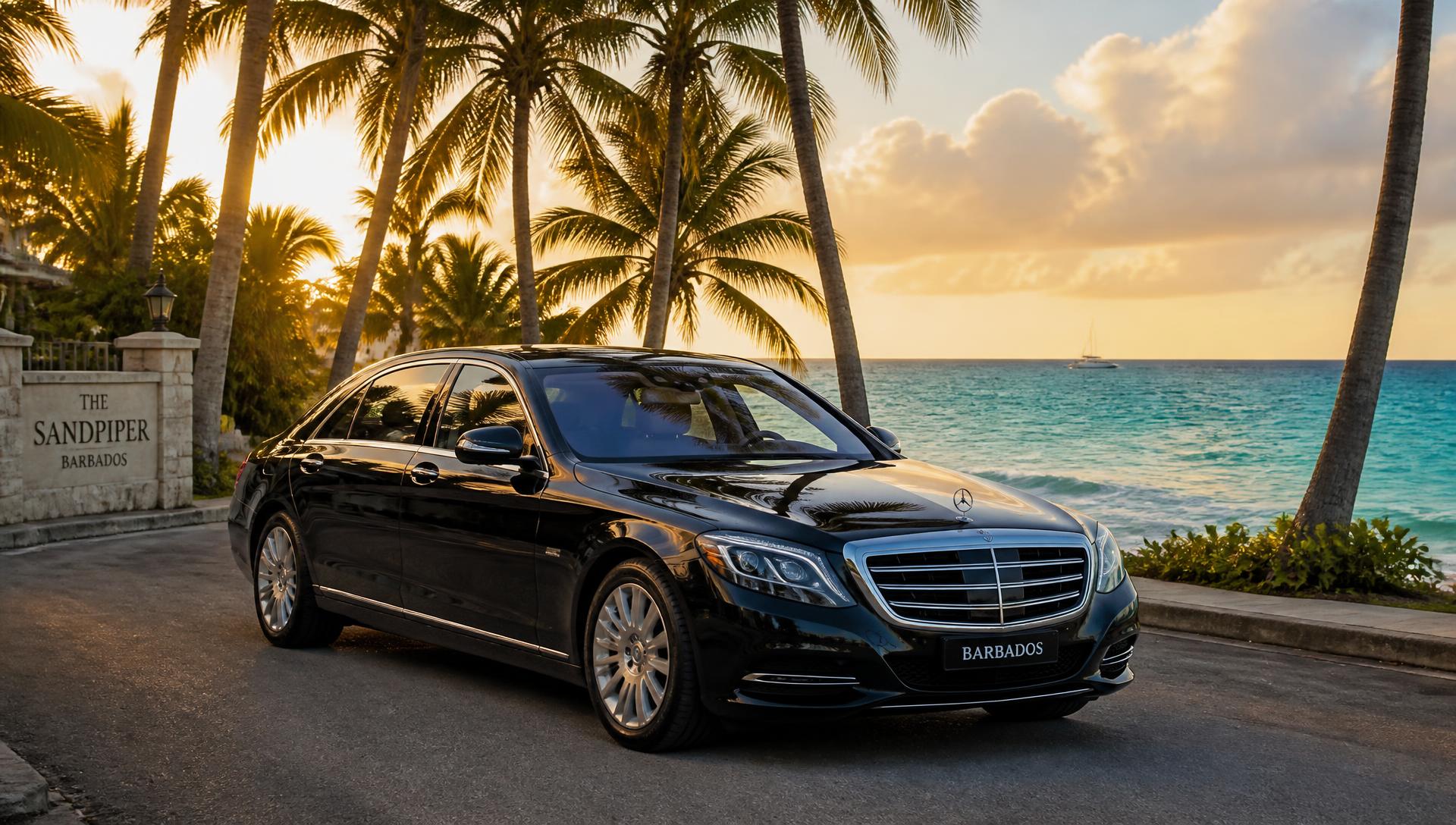 Luxury black chauffeur sedan on a palm-lined Barbados coastal road at sunset