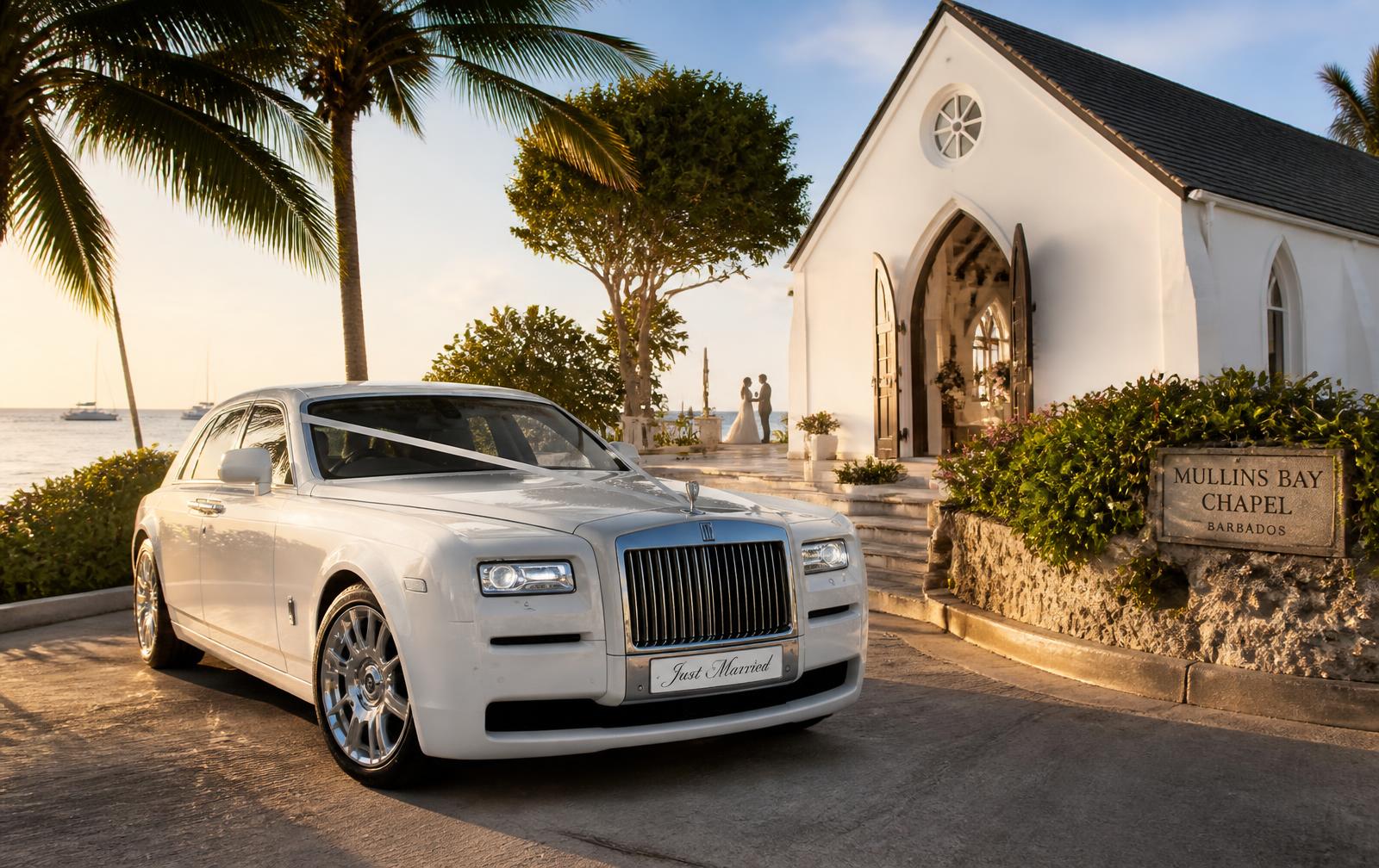 Luxury white wedding car outside a Barbados beachfront chapel